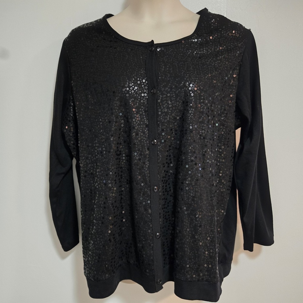 Quacker Factory Sz 2X Black‎ Sparkle Shine Sequin Knit Duet Cardigan A218127 NEW